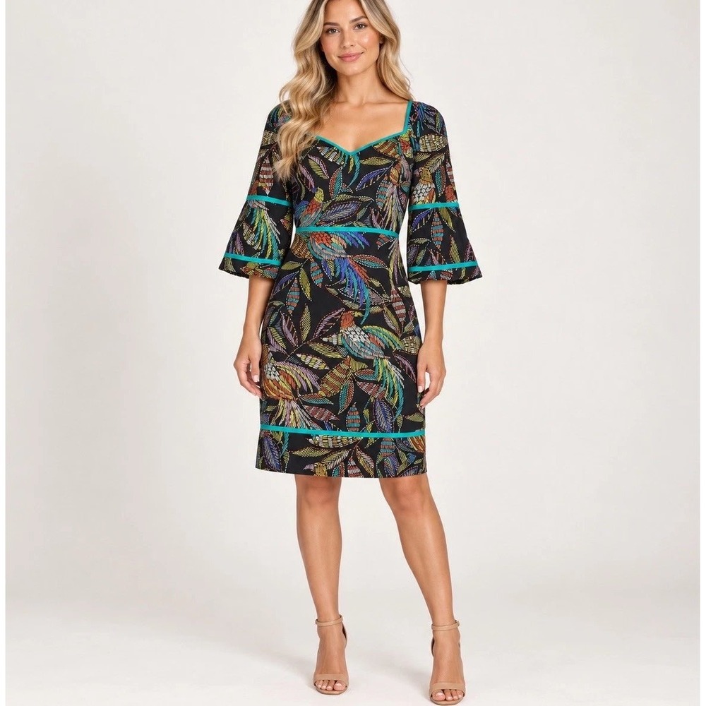 Vince Camuto NWT Black Multicolor Bird Print Dress Size 12 Cotton